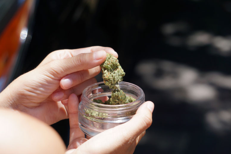 A close-up of a pair of hands holding a jar of cannabis. The right hand holds the jar steady, while the left hand lifts up the product and displays it to the camera.